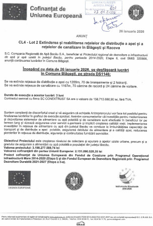 Anunț desfășurare lucrări extindere și reabilitarea rețelelor de distribuție a apei și canalizare în Comuna Blăgești 